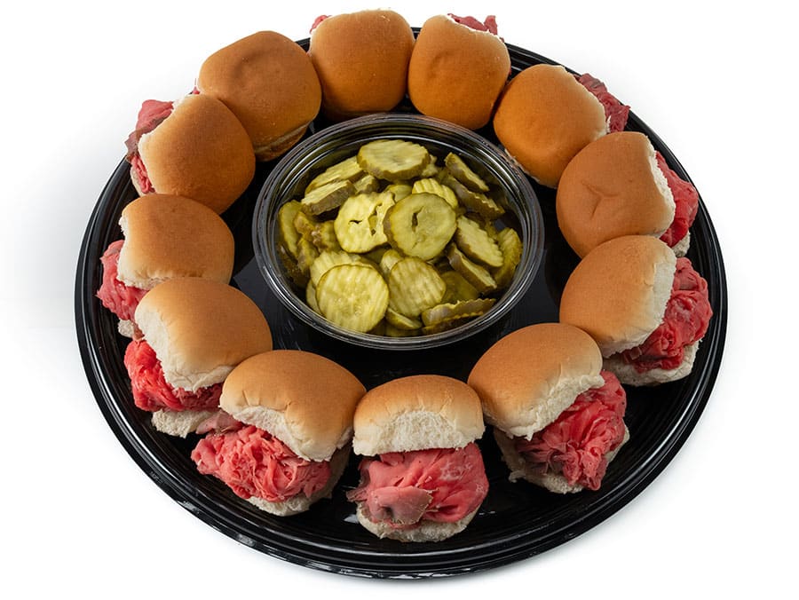 Roast beef sliders on catering platter